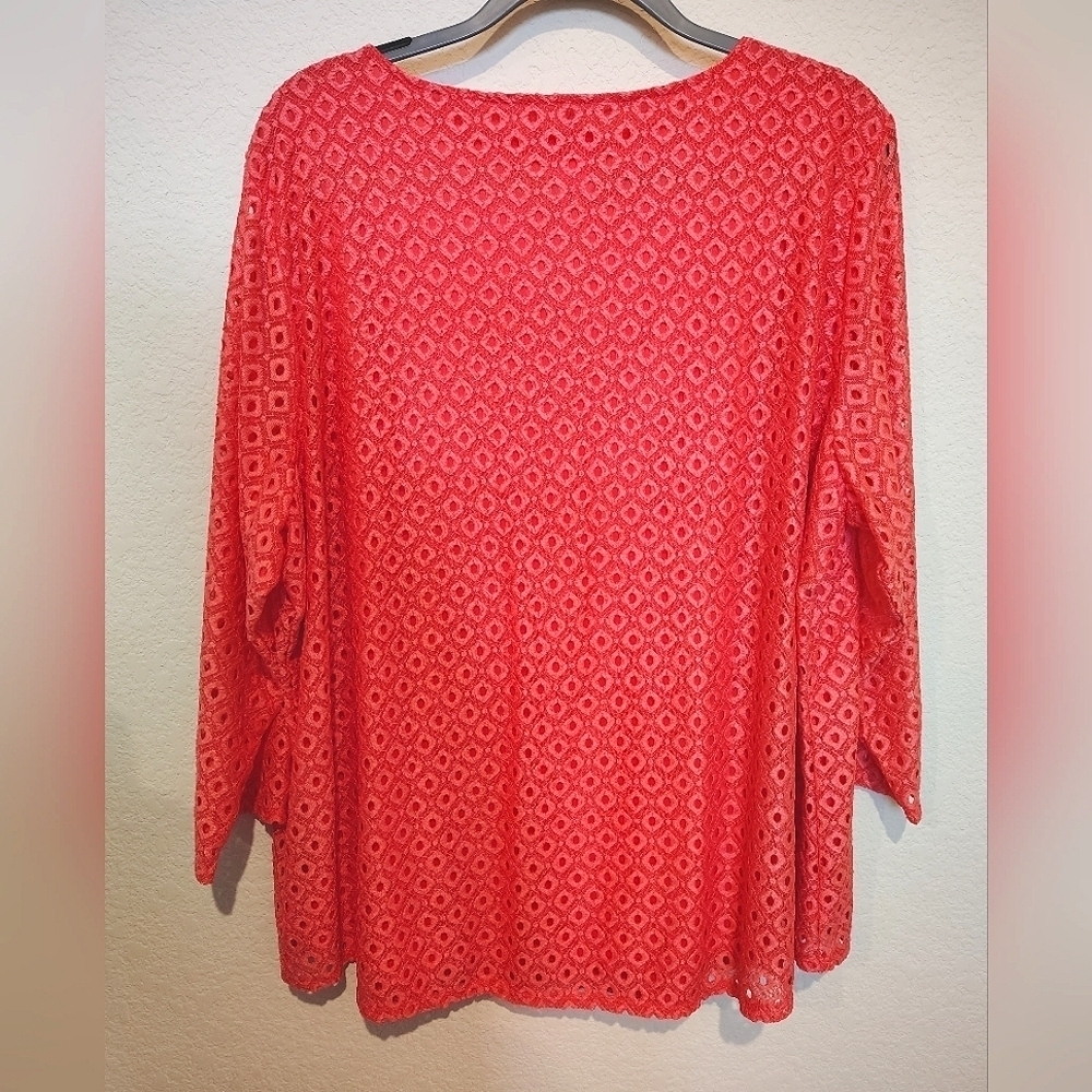 Ruby Rd. Hot Coral Diamond Pattern Lace Blouse - Picture 2 of 3